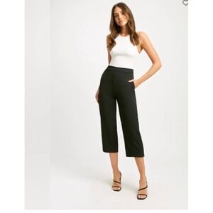 Kookai Oyster Pants Black High Waisted Cropped Wide Leg Trousers Size 38 US 6